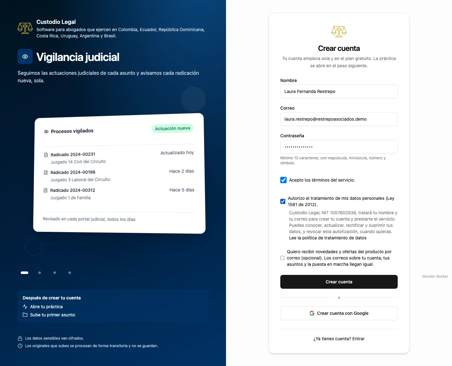 Formulario de crear cuenta, con nombre, correo, contraseña, las dos casillas de consentimiento obligatorias y la casilla opcional de novedades