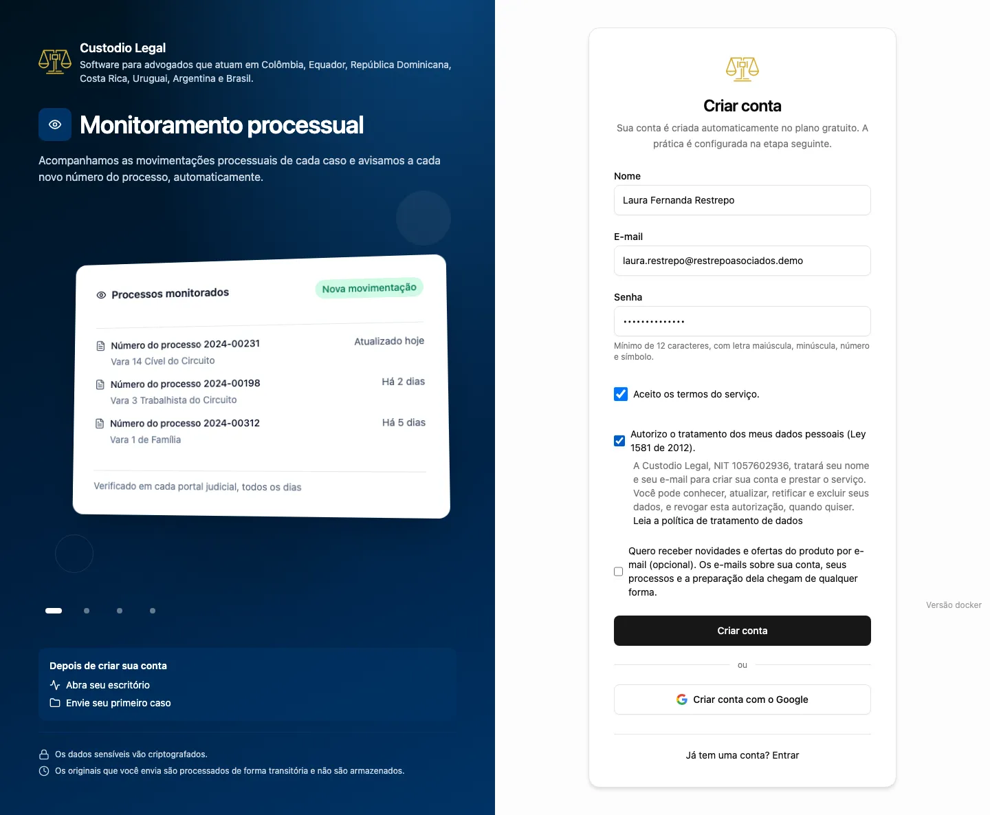 Formulário de criar conta, com nome, e-mail, senha, as duas caixas de consentimento obrigatórias e a caixa opcional de novidades