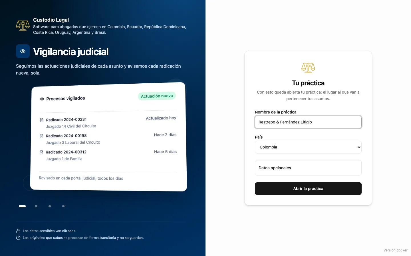 Formulario «Tu práctica», con el nombre, el país y los datos opcionales plegados