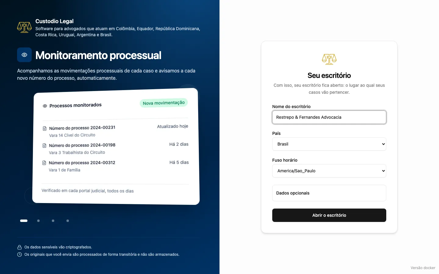 Formulário «Seu escritório», com o nome, o país e os dados opcionais recolhidos