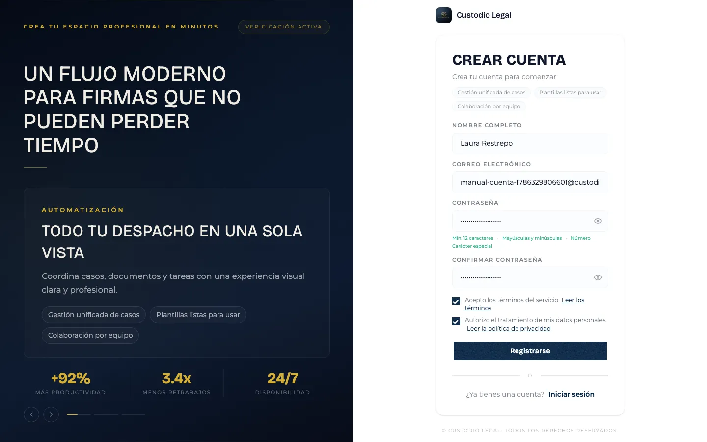 Formulario de registro completo, listo para enviar