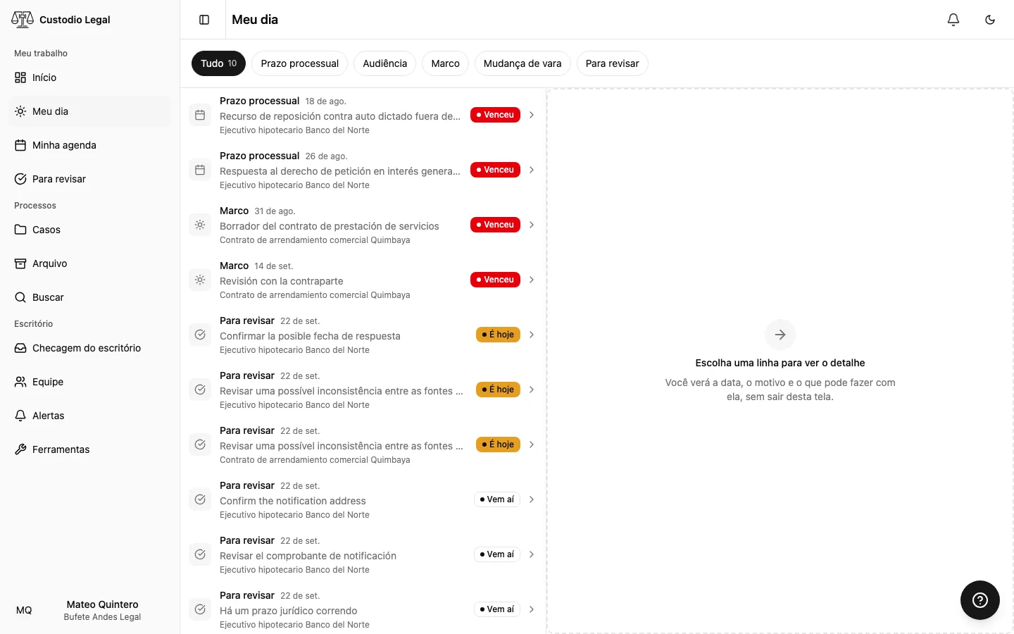 Meu dia, com a lista de pendências de hoje e os filtros por tipo