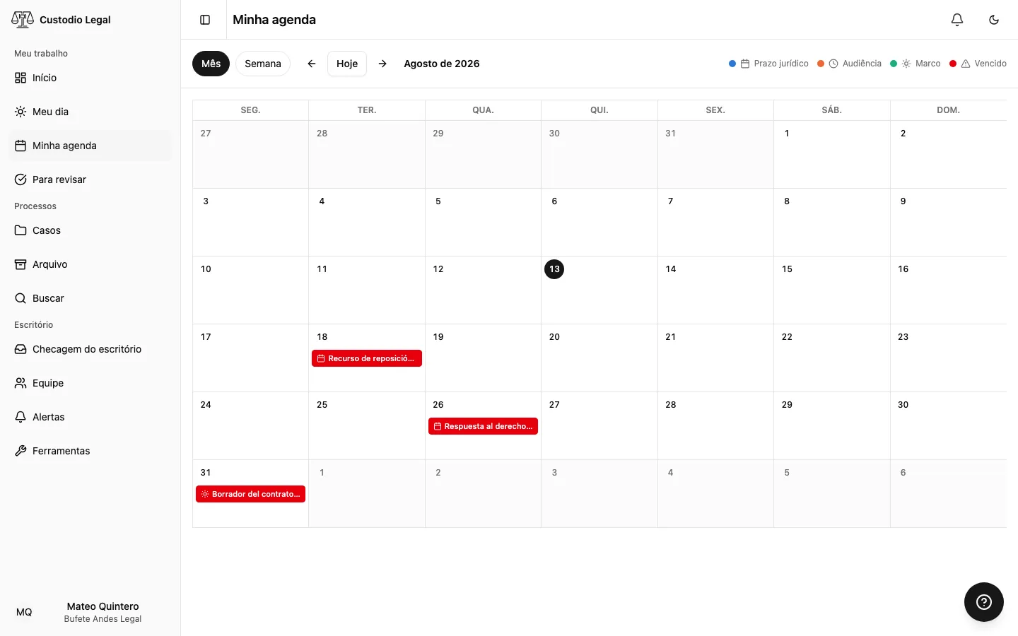 Minha agenda, com o calendário do mês e os eventos coloridos por tipo