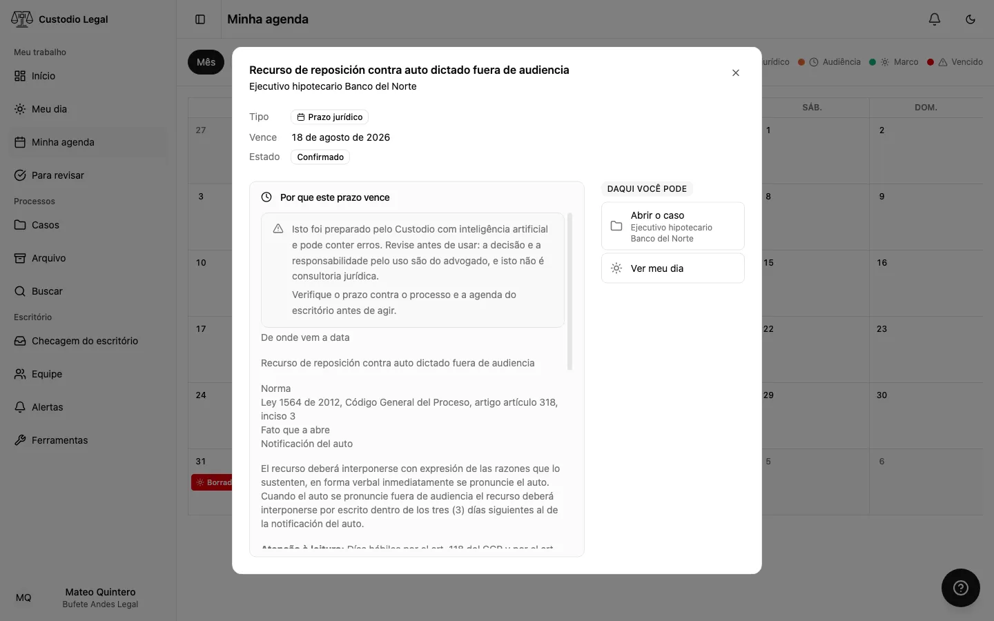 Detalhe de um prazo jurídico, com a norma, a data-base e os dias descontados