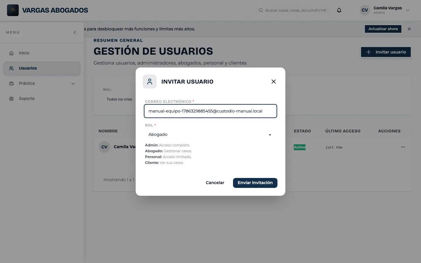 Invitación completa, con correo y rol elegidos