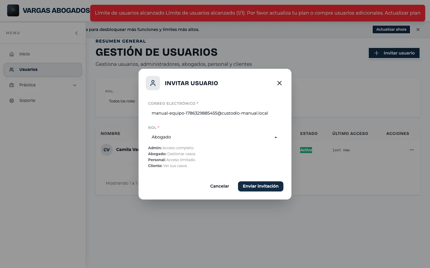 Límite de usuarios del plan alcanzado