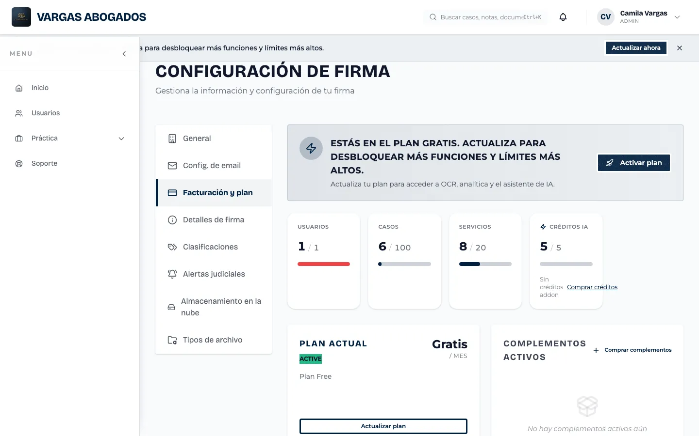 Plan actual y uso del despacho