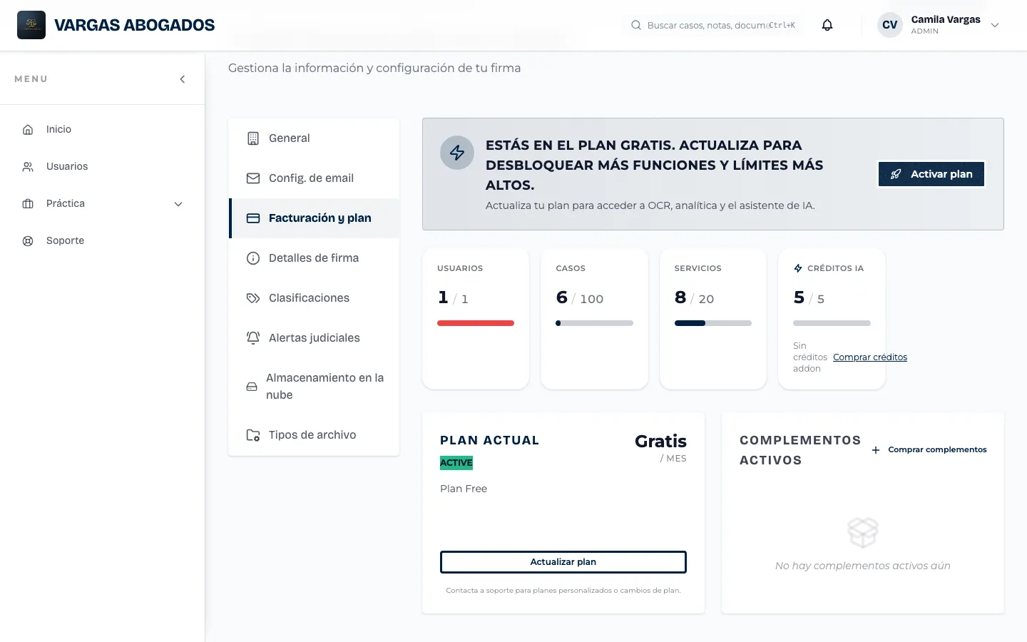Plan vigente y complementos activos