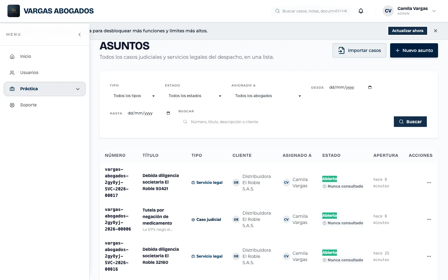 Lista de asuntos, antes de crear uno nuevo