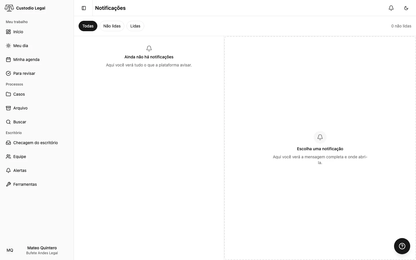 A central de notificações com seus filtros em cima e, sem nada pendente, o aviso de que não há notificações