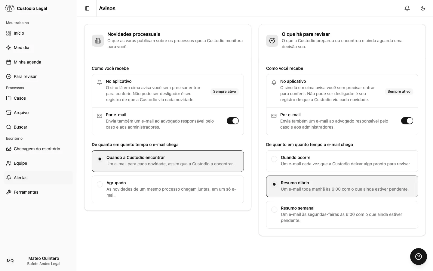 A tela de avisos, com os interruptores de e-mail e a frequência de cada tipo