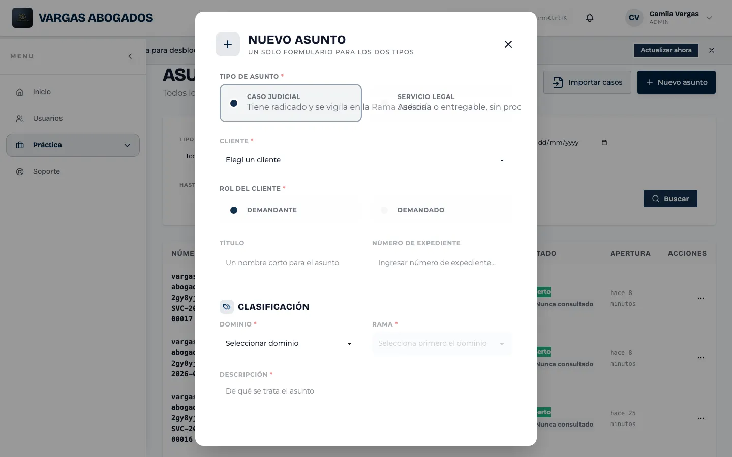 Formulario de nuevo asunto, en modo caso judicial