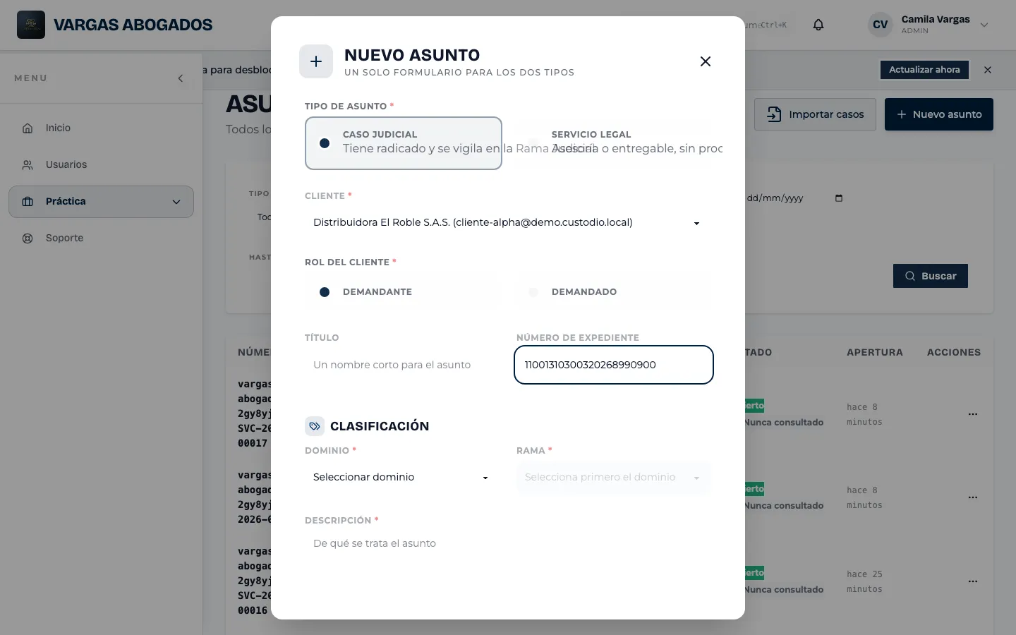 Cliente y radicado del proceso