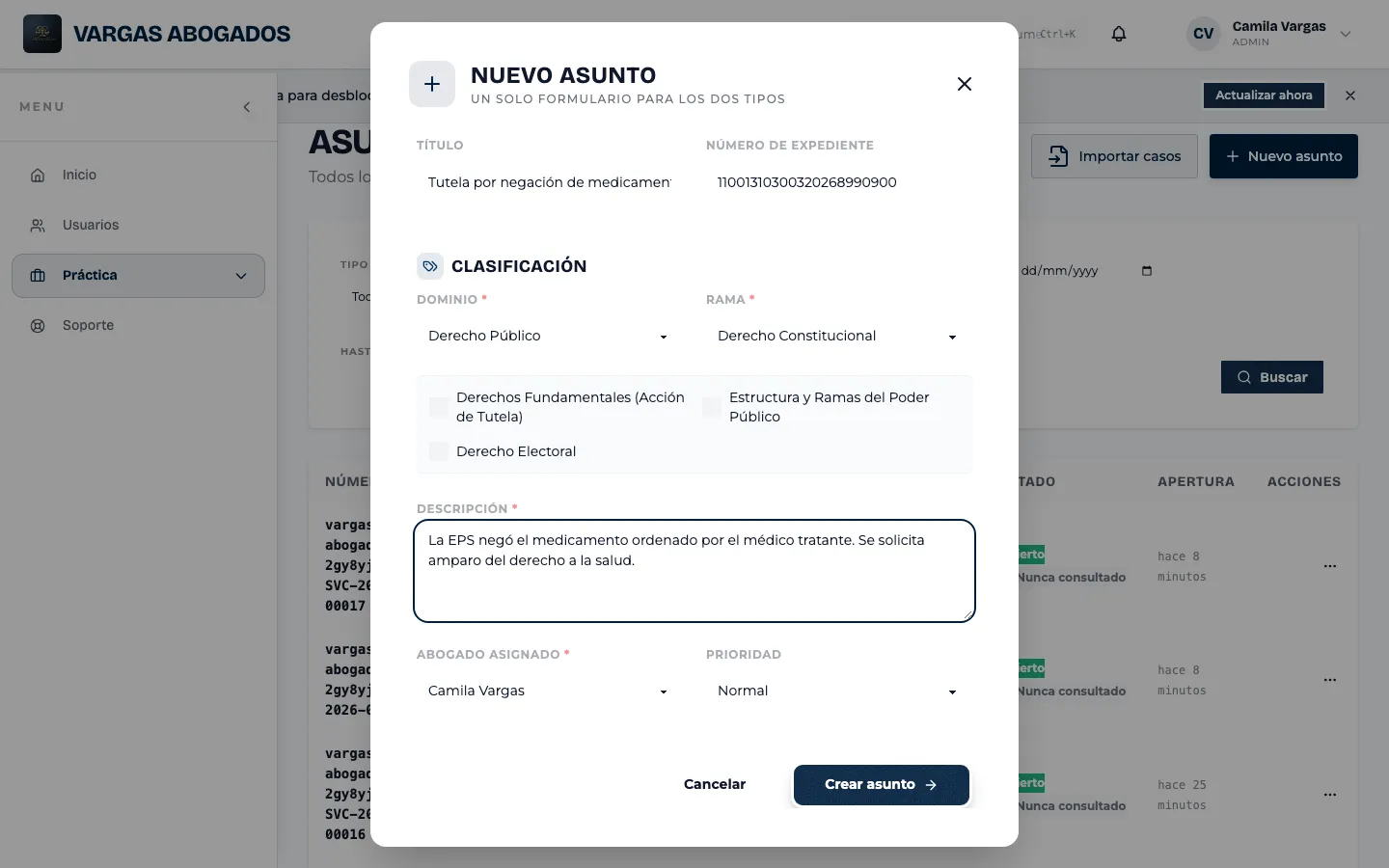 Título, descripción y abogado responsable