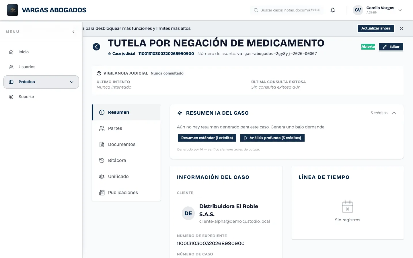 Asunto judicial creado, con su ficha abierta