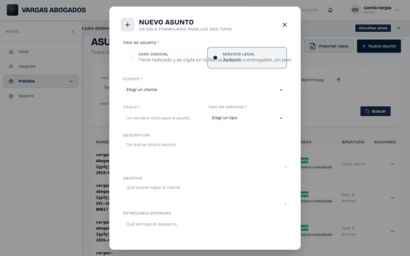 Nuevo asunto en modo servicio legal