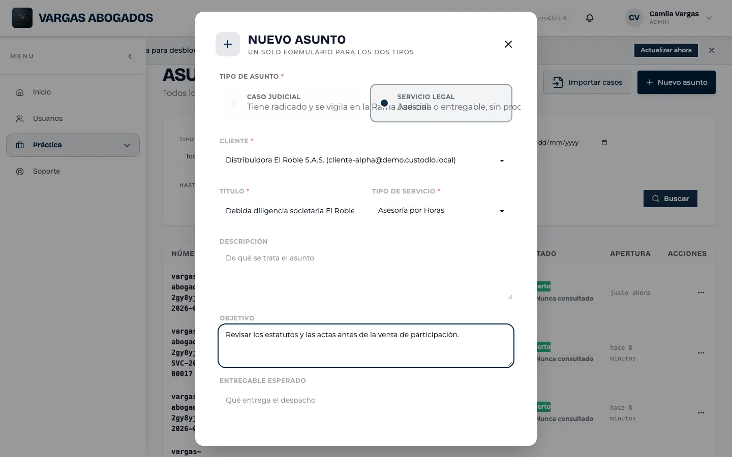 Objetivo del servicio y responsable asignado