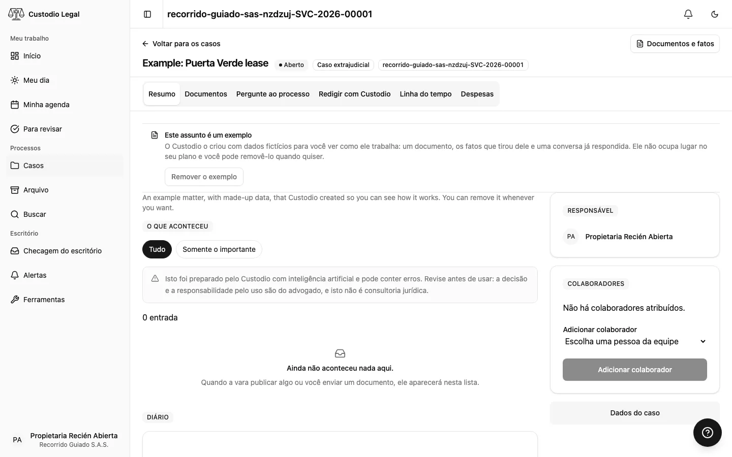 O caso de exemplo aberto, com a faixa «Este caso é um exemplo» e o botão «Remover o exemplo» no cabeçalho