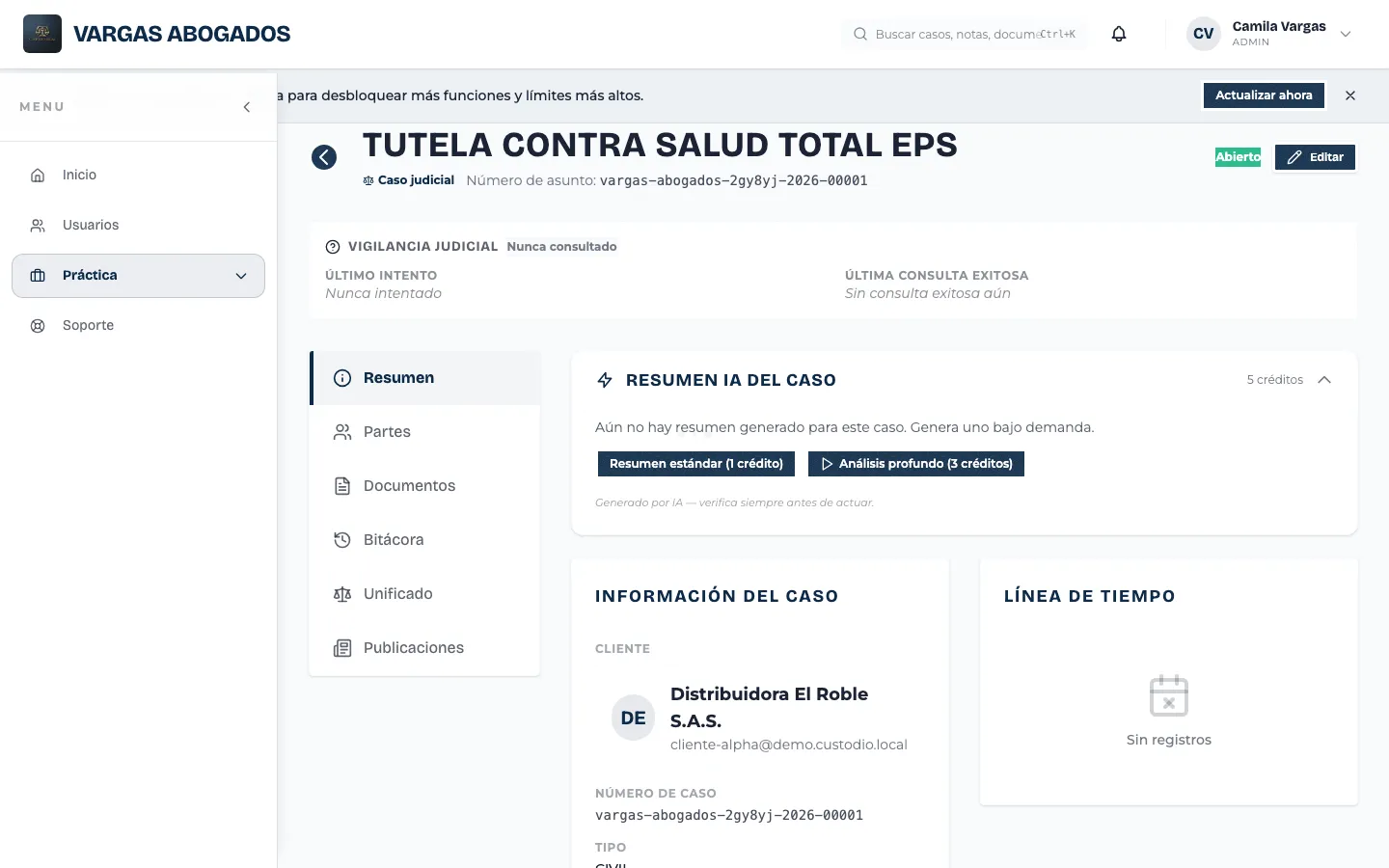 Ficha de un caso judicial, con el bloque de vigilancia judicial