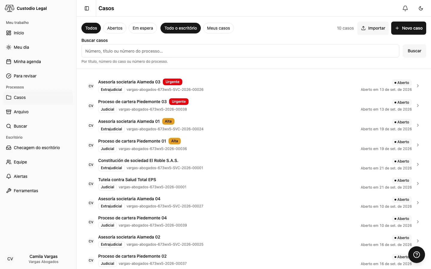 A lista de casos, com os filtros, o campo de busca e as linhas ordenadas por urgência