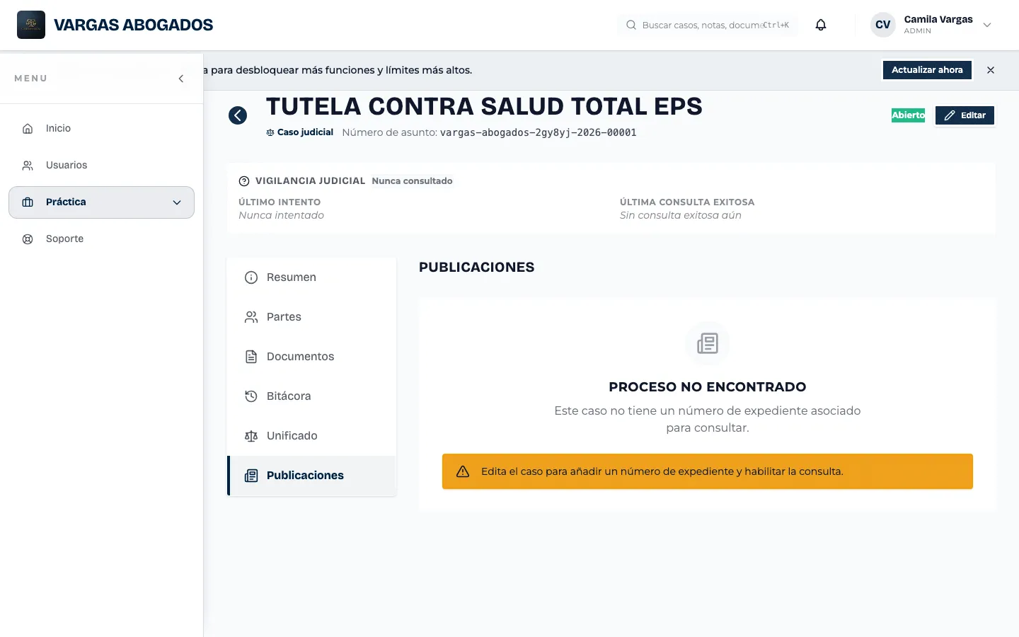 Pestaña “Publicaciones”: avisos del watchdog para este caso