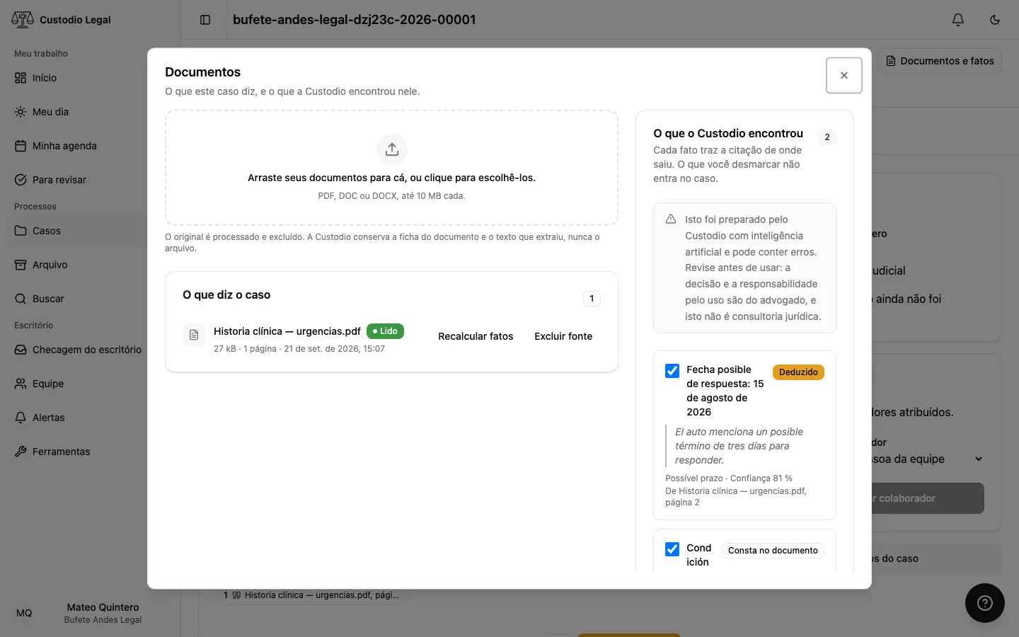 A tela de documentos e fatos, com a lista de fontes e os fatos pendentes de confirmação