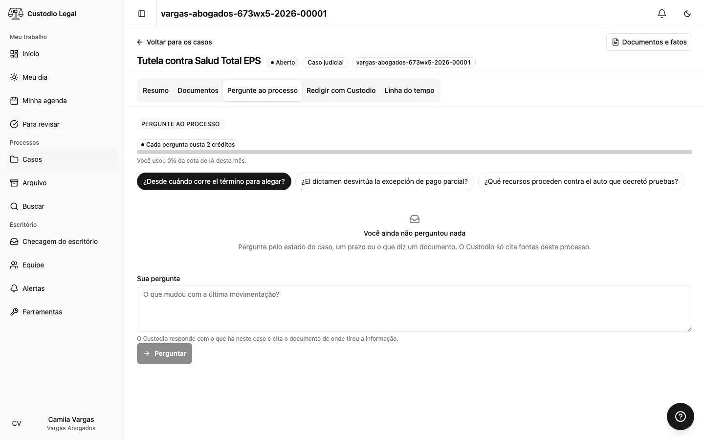 Aba Pergunte ao processo de um caso, com uma pergunta respondida e sua citação a um documento