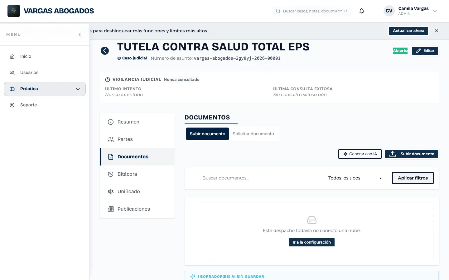 Pestaña de documentos de un asunto