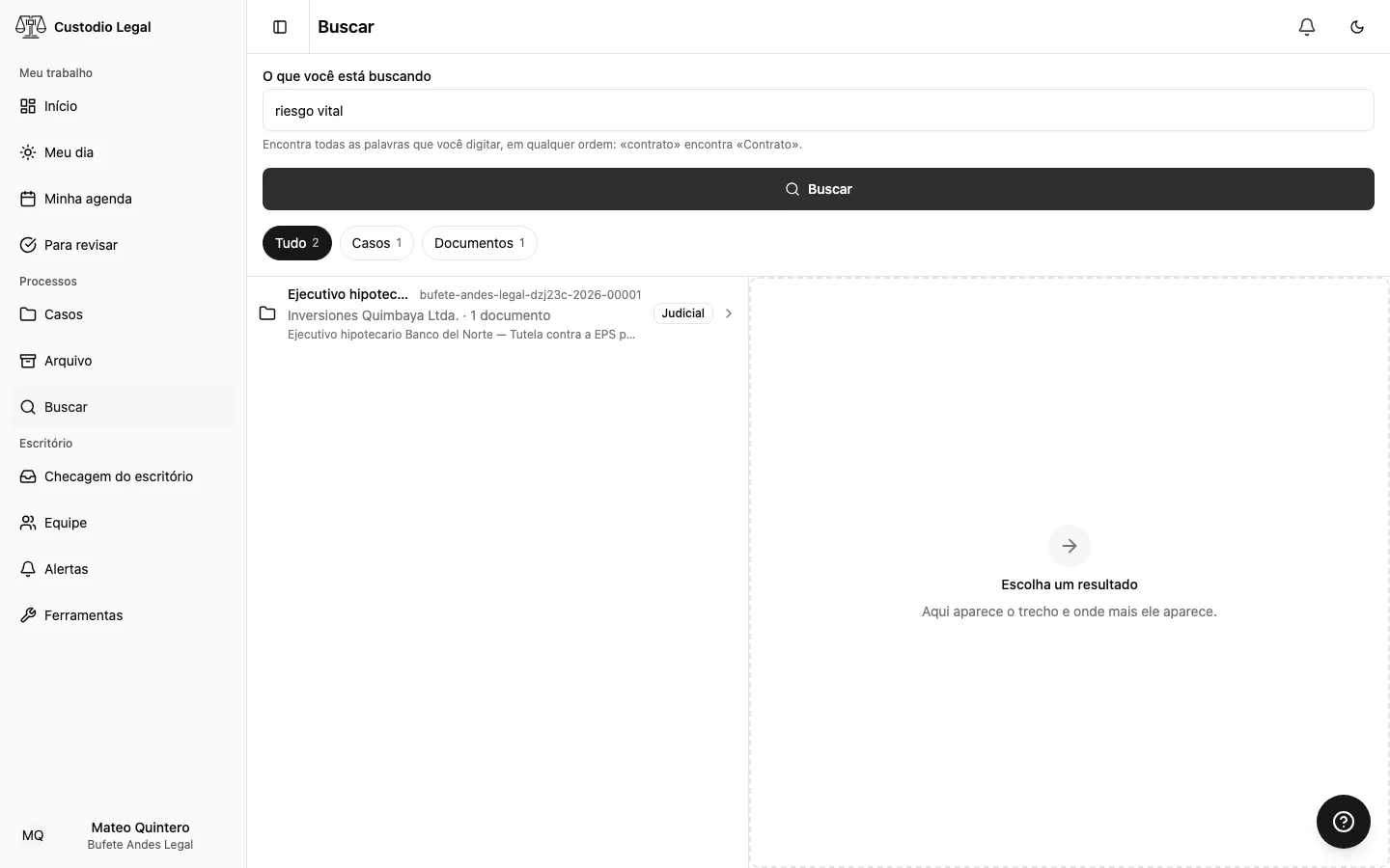 Tela Buscar, com resultados de casos e documentos destacando o termo buscado