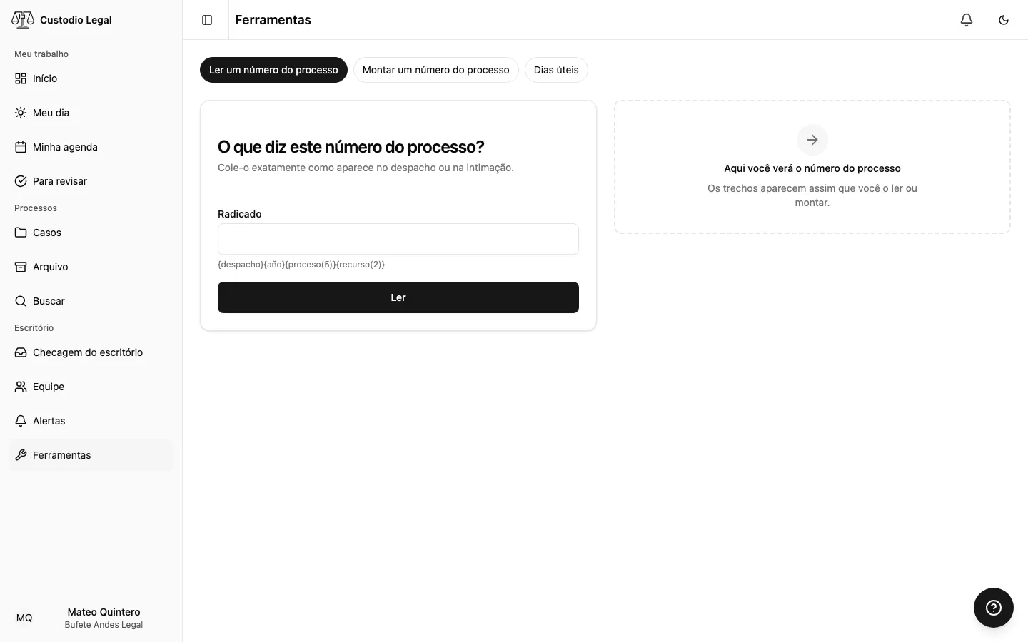 Tela Ferramentas, com as abas para ler ou montar um número do processo e contar dias úteis