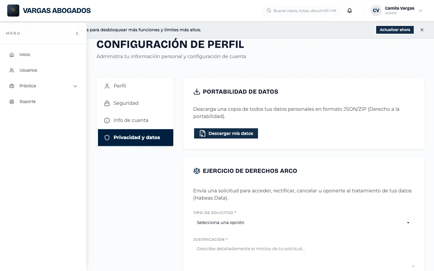 Exportar mis datos y derechos ARCO