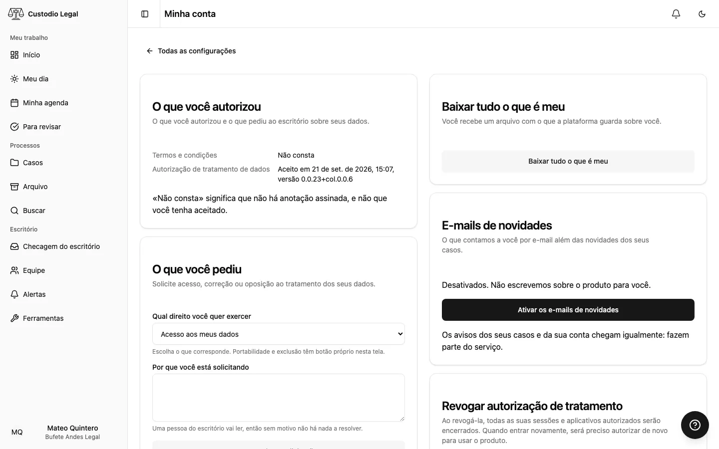 A seção Sua privacidade, com o que você autorizou, as suas solicitações e o botão para revogar
