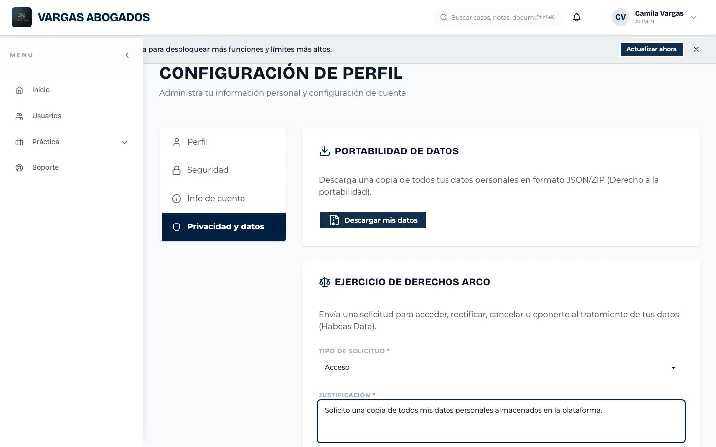 Solicitud ARCO completa, antes de enviarla