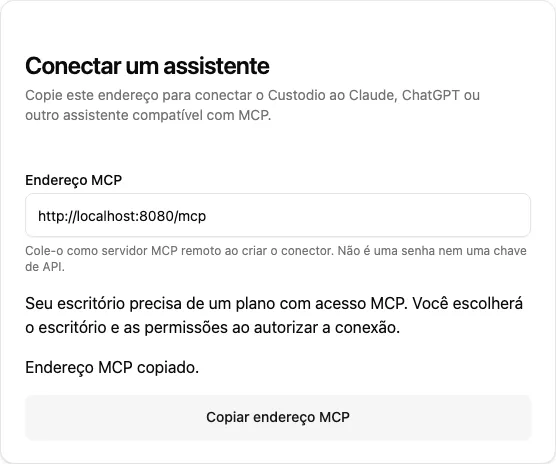 Endereço MCP copiável em Minha conta, dentro de Como você entra