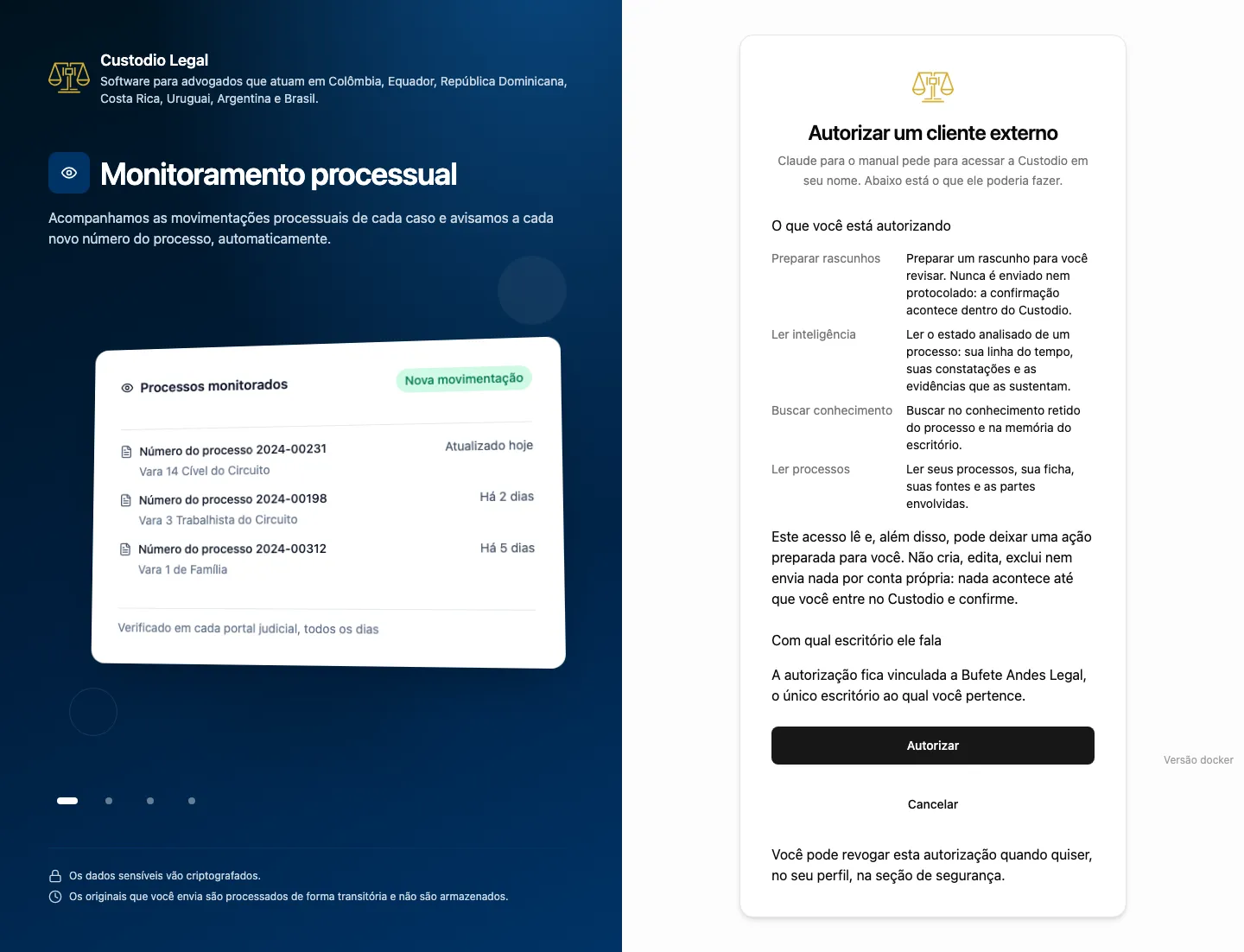 Tela do Custodio para escolher o escritório e revisar as permissões que um cliente MCP pede