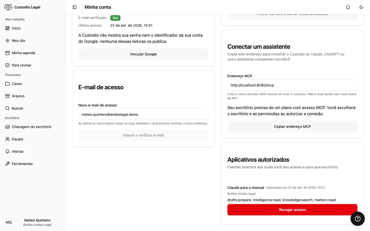 Aplicativos autorizados em Minha conta, onde uma pessoa pode revogar o acesso de um cliente MCP